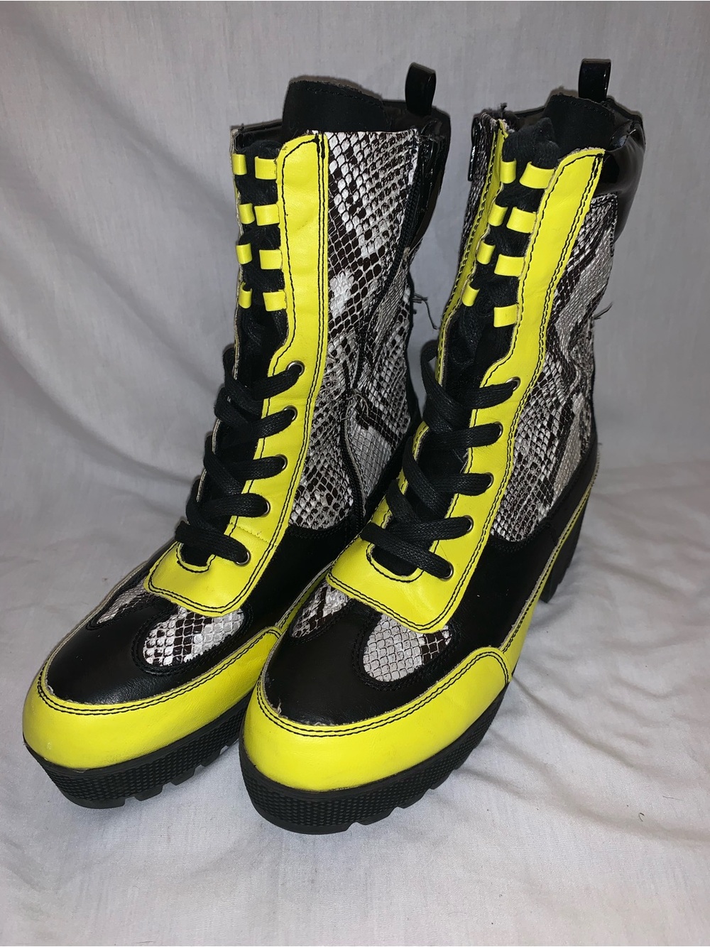 BAMBOO Neon Yellow and Black Snake-Print Lace-Up Combat Boots